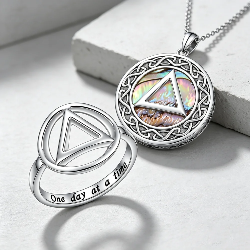 AA Sobriety Jewelry Set, Alcoholics Anonymous Ring & Abalone Shell Pendant Necklace, Recovery Gift for Women Sobriety Milestone