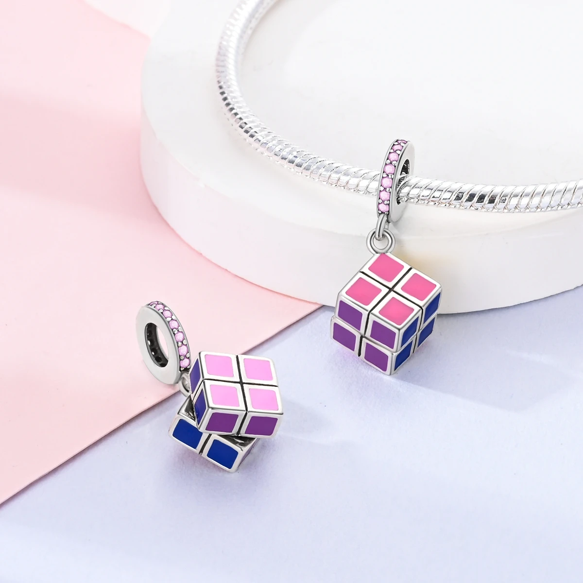 925 Silver Charm Rotating Rubik's Cube Fit Original Bracelet Making Fahsion Pendnat Woman Jewelry