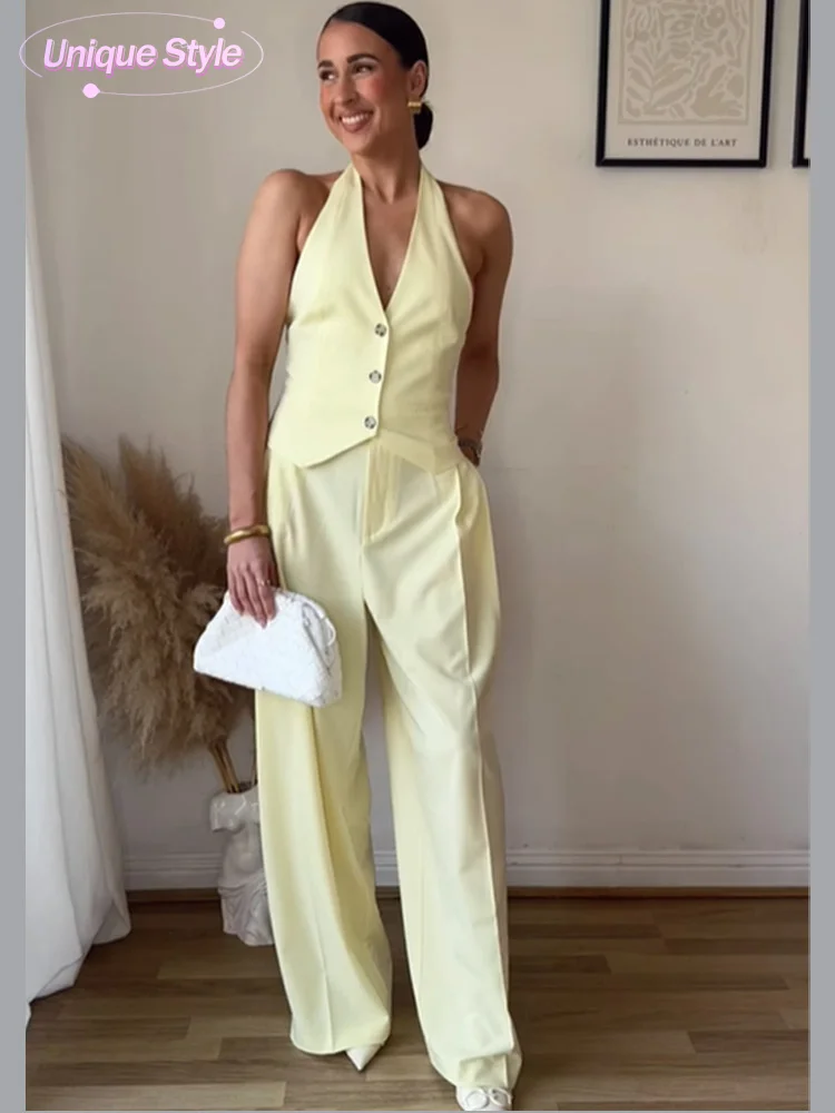 Women Chic Butter Yellow Straight Pants Suit Sexy Off Shoulder Backless Halter Top Set 2025 New Summer Lady 2 Pieces Set Outfits