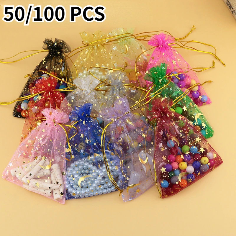 50/100 Pcs/Lot 7x9 9x12 10x15 13x18cm Printing Star Moon Christmas Organza Sack Drawstring Charm Packaging Bags Daily Jewelry