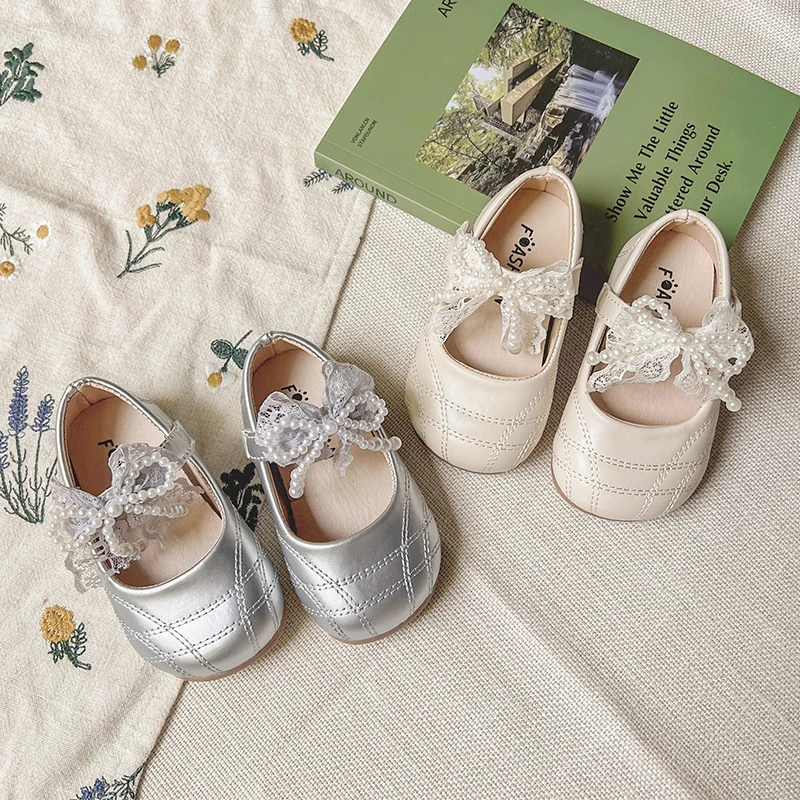 

Baby Girls Flats Sweet Beading Lace Bows Kids Walking Shoes Round Toes Non-slip 2025 Spring Autumn Girls Princess Shoes Elegant