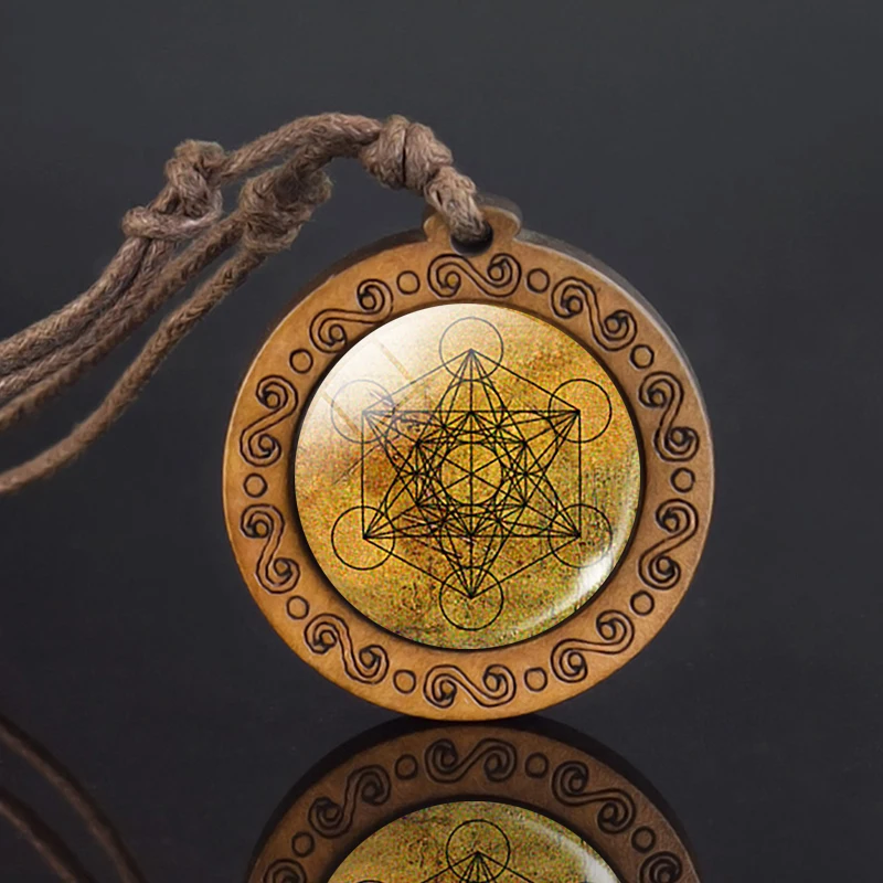 Mandala Glass Necklace Retro Art Wood Pendant Buddhist Sacred Geometry Jewelry Spiritual Yoga Gift