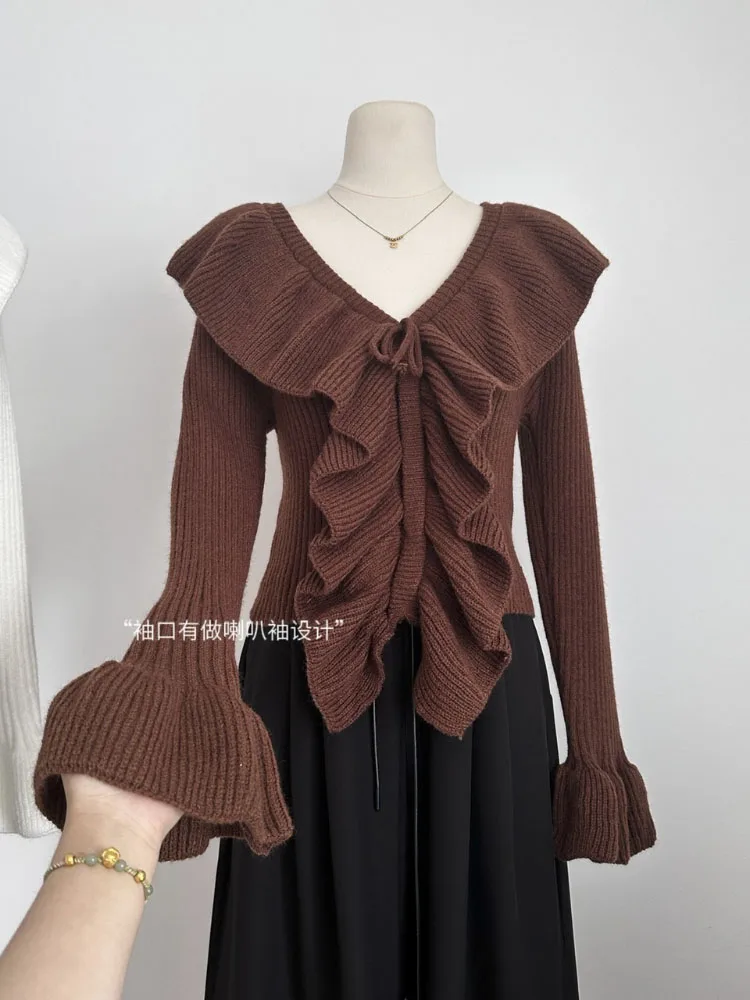 V-neck Elegant Fashion Knit Sweater Korean-Style Fall Sexy Flared Sleeves Warm Lazy Women's Knit Sweater