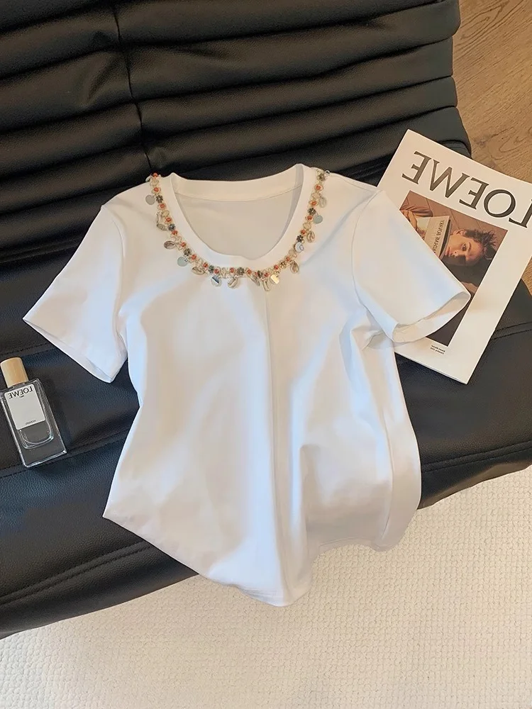 

Корейская роскошная футболка с бисерным декором, короткий рукав, из чистого хлопка, летняя модная женская шелковая блузка до плеч