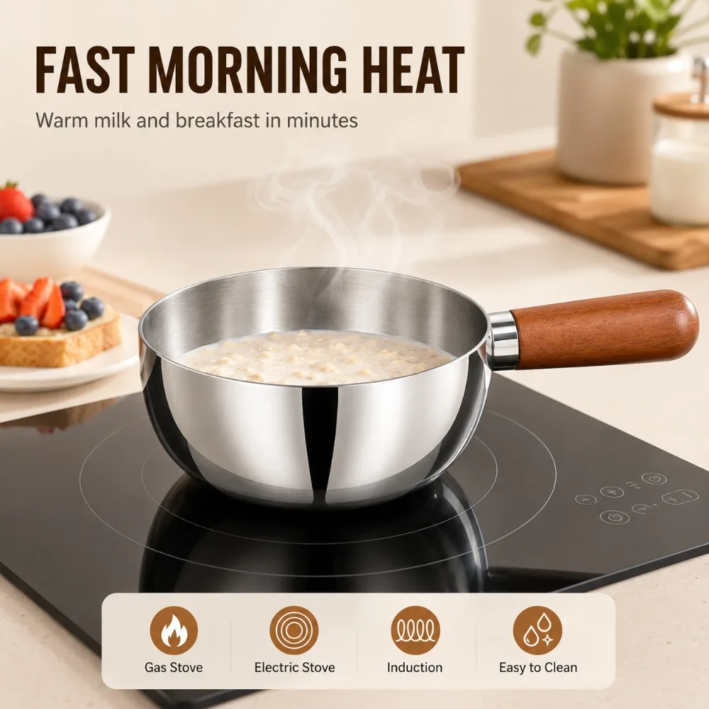Stainless Steel Milk Pot with Heat Resistant Wooden Handle Induction Compatible Saucepan Even Non Slip Base for Daily Cooking
