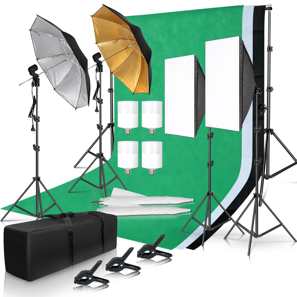 Photography Lighting Kit 2x3M Photo Background Backdrops Soft Umbrella Softbox Light Stand  Portable Bag For Photo Studio Shoot