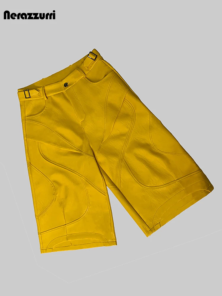 Nerazzurri Summer Autumn Patchwork Bright Yellow Pu Leather Calf Length Wide Leg Pants for Men High Waist Cool Stretwear Clothes