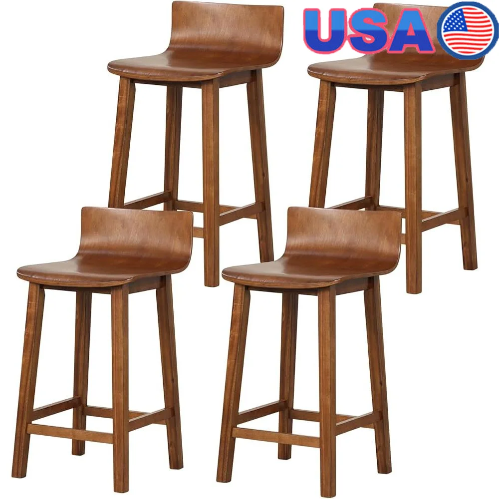 

Set of 4 Bar Stools Ergonomic Low Back Footrest Solid Wood Vintage Counter Height Dining Chairs Kitchen Restaurant Coffee Bar