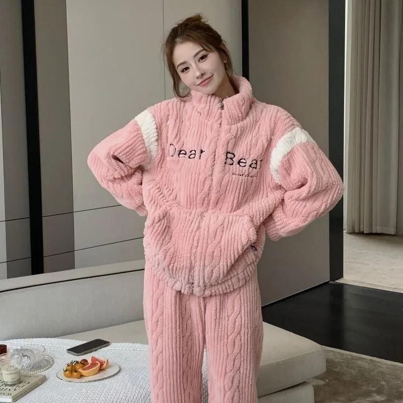 Winter Women Thickened Velvet Coral Fleece Confinement Clothing Adjustable Nursing Pajamas Female Casual Warm Loungewear Suit
