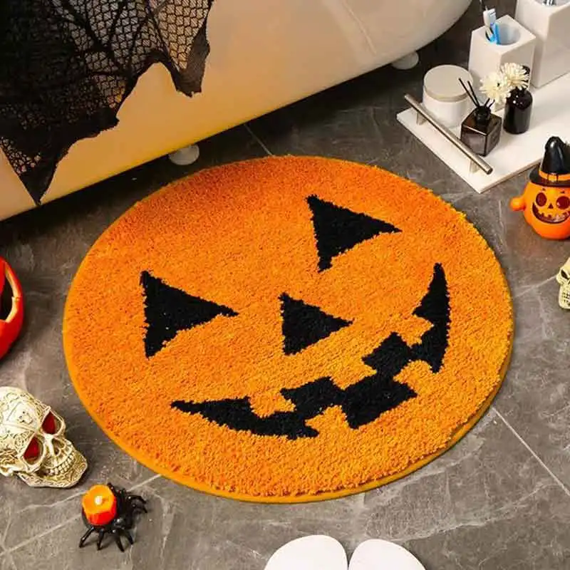 

Halloween Evil Cat Fur-Retreated Rug Terrifying Skull Pumpkin Floor Mat Bedroom Sofa Doorway Toilet Anti-slip Holiday Decoration