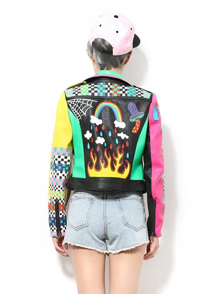 Contrast Graffiti Print Faux Leather Cropped Jacket for Women 2024 New Streetwear Slim-fit Zipper Motorcycle Jackets XXXL