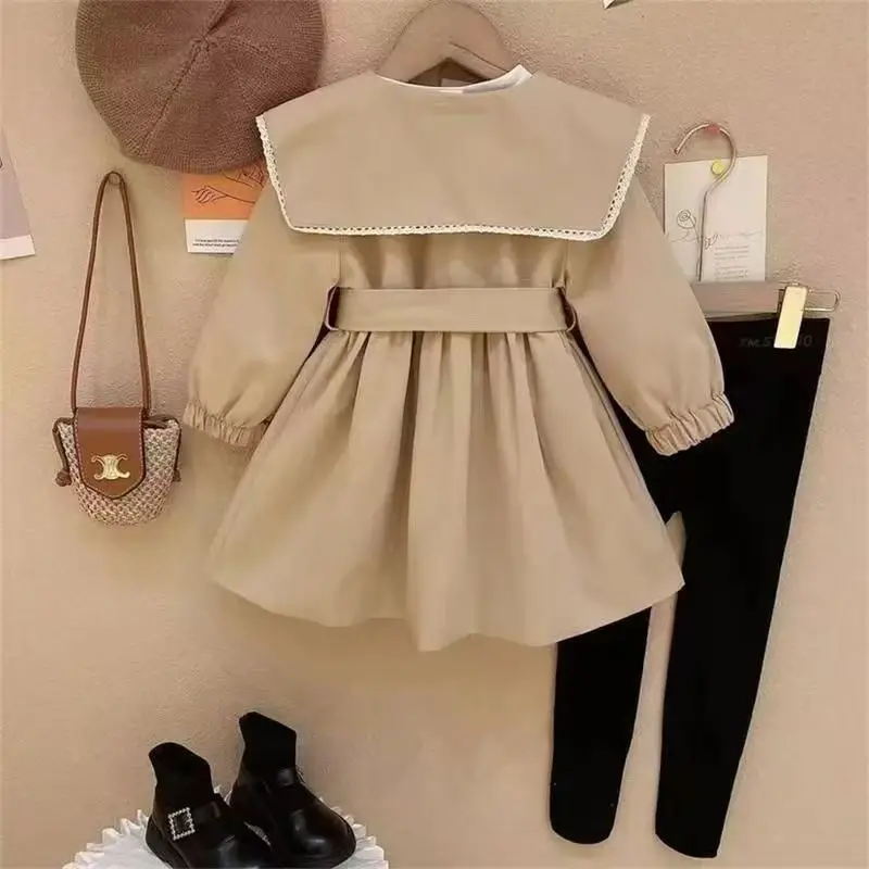 Girls Trench Coats Kids Fashion Waisted Jackets Children Turndown Collar Girls Cute Long Windbreaker Casual Outerwear Clothing