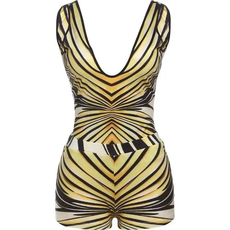 ลายผู้หญิง 2 ชิ้นชุดSportyสบายๆยืดVคอBackless Tank Tops + กางเกงขาสั้นการจับคู่Streetwear HipsterชุดLV6L