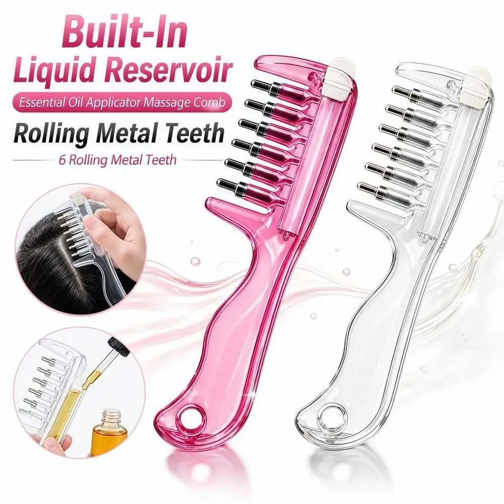 Transparent Essential Oil Applicator Massage Comb Rolling Metal Teeth Precise Liquid Guiding Scalp Massager Comb 6-Tooth
