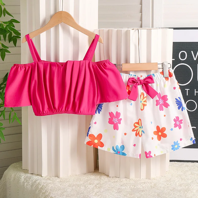 

2024 Summer Child Clothes Sets Sleeveless Rose Red Tops Print Floral Dress 2 Piece Sets Designer Girls Clothes Sets 8-12T