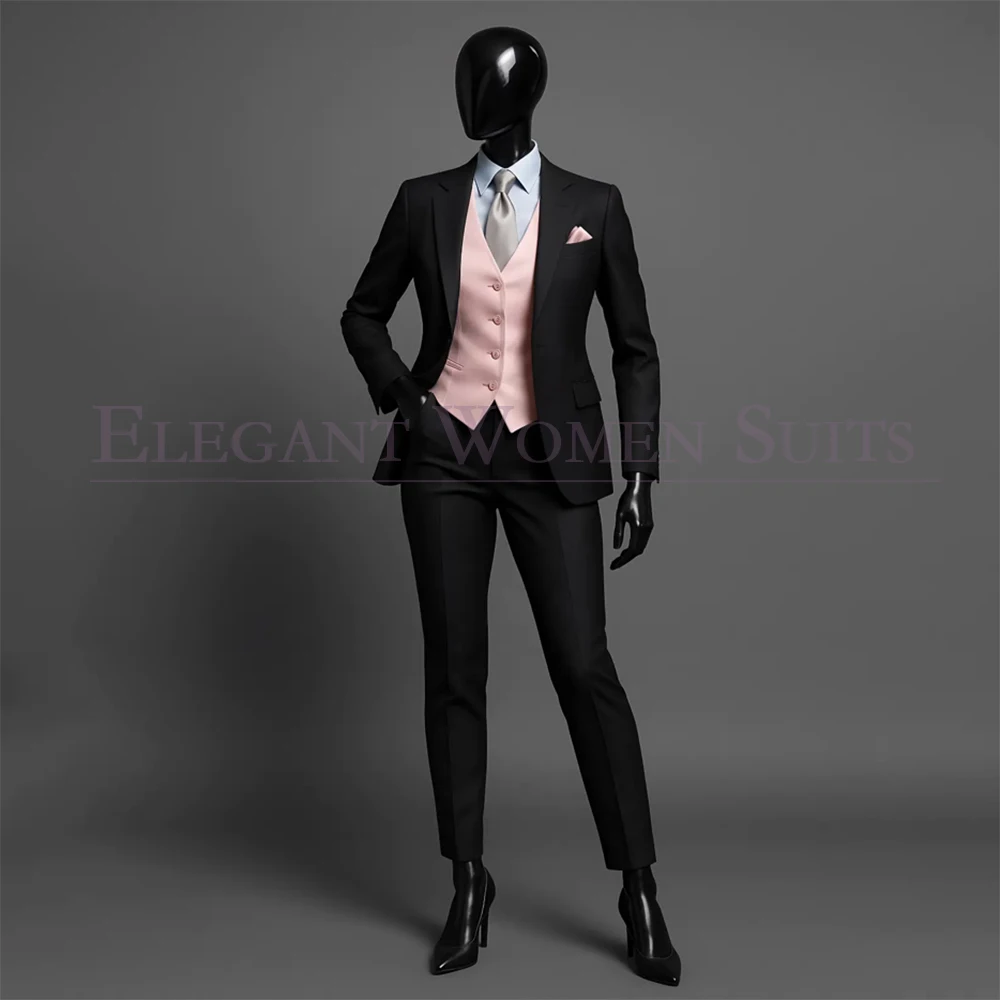 

High Quality Women's Suits Elegant Slim Fit 3 Piece Black Jacket Pants With Pink Vest Luxury Office Lady Female Clothing