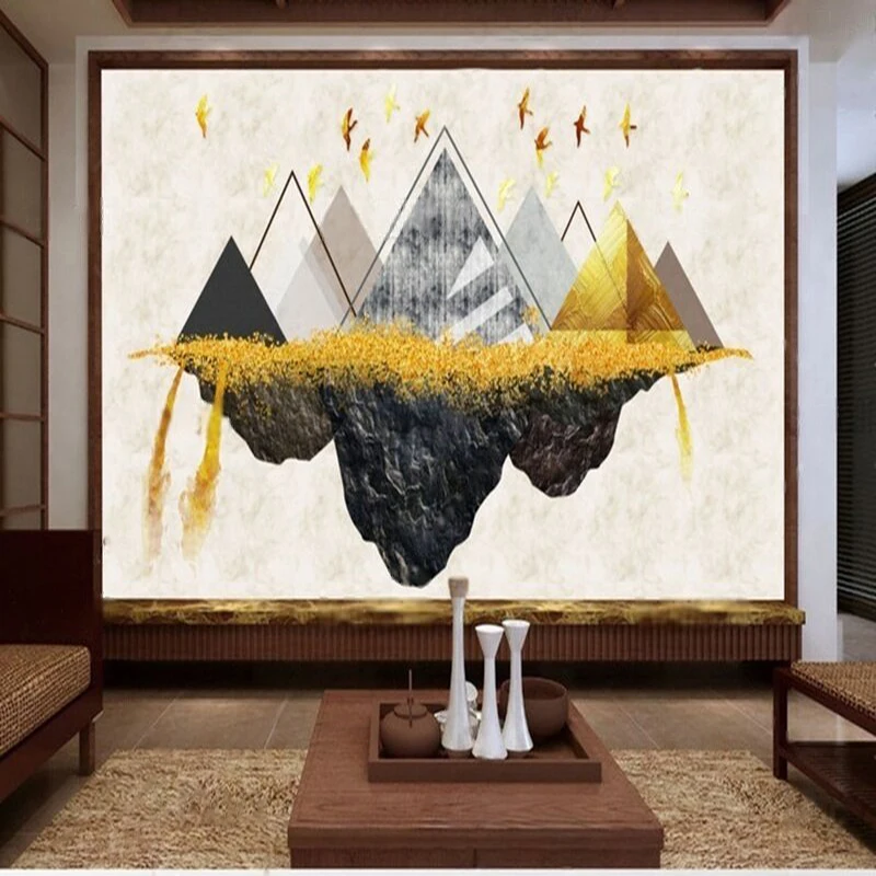 Simple And Modern Chinese-Style Golden Geometric Ink-Wash Landscape Creative Art TV Corridor Traditional Chinese Painting Wall