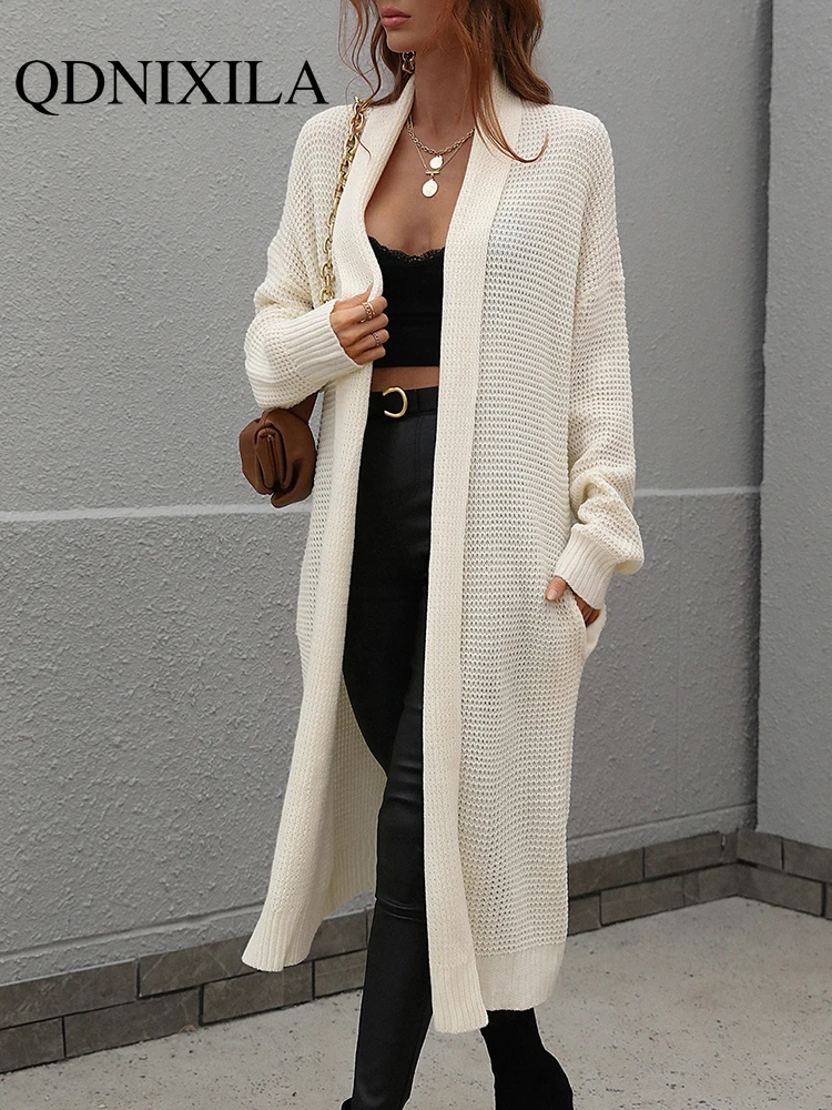 New Women\'s Long Cardigan Without Buttons Long Sleeve Autumn Vintage Oversize Knitted Jacket Loose Beige Cardigan Female 2024