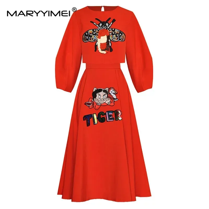 

MARYYIMEI Fashion Designer Suit Spring Autumn Women Lantern sleeve insect Embroidery Sequin Short Tops+Skirt Two-piece set