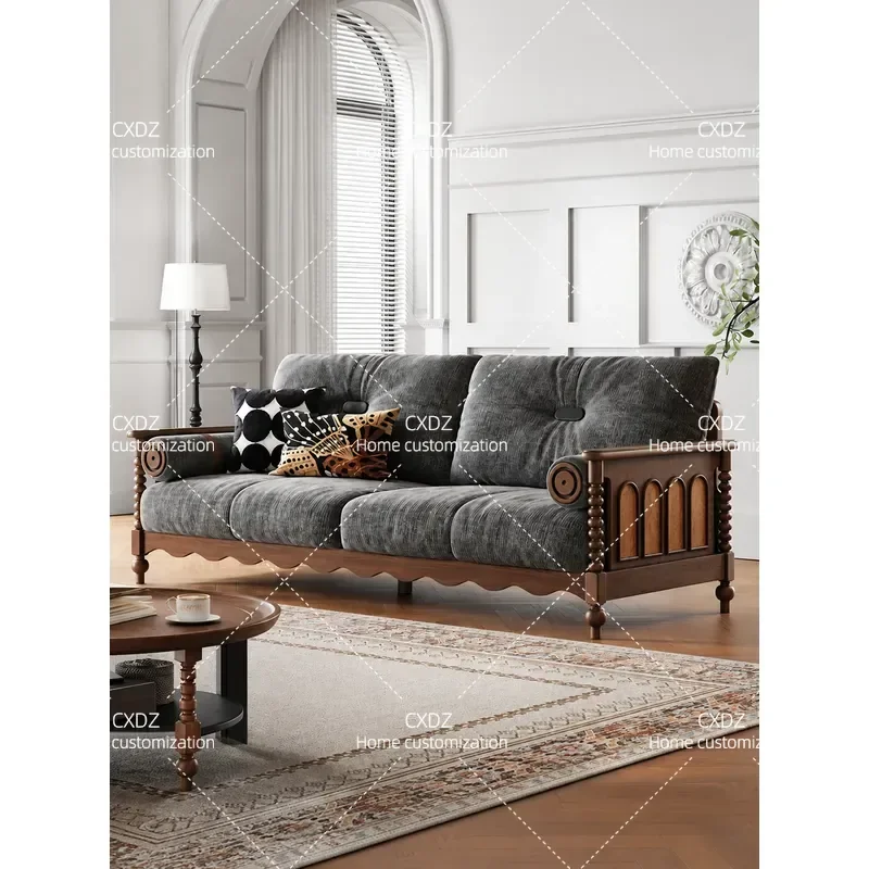 Solid Wood Sofa Living Room Retro Fabric Couch 3 or 4 Seater Straight Row Antique Style Furniture