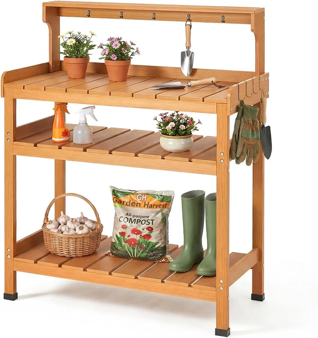 Modern HDPS Potting Bench Outdoor Potting Table With Storage Shelves And Hanging Hooks, Heavy Duty All Weather Garden Workstation Table Furniture For Backyard Patio Balcony, Teak