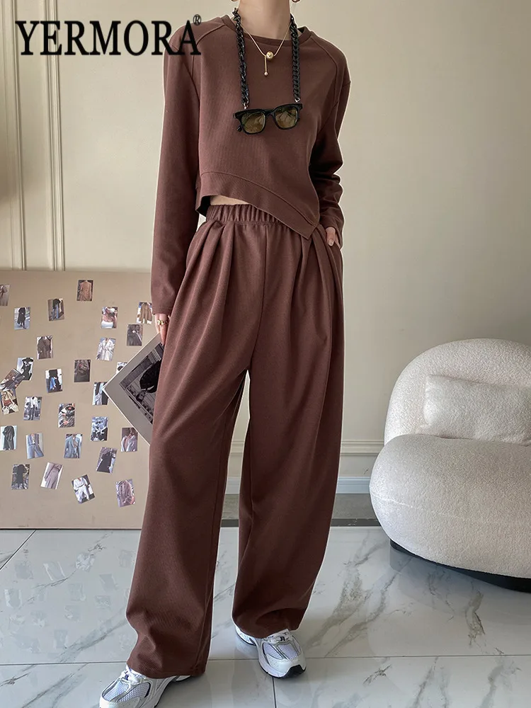 

YERMORA Women's Two Pieces Set Irregular Hem Sweatshirt O-Neck Long Sleeve Loose New Wide Leg Pants Fashion Spring Autumn 2026
