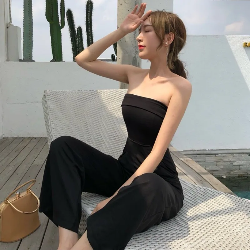 

Casual Wide Leg Jumpsuit Long Pants Black 2024 New Female Evening Party Loose Elegant Sleeveless Jumpsuits