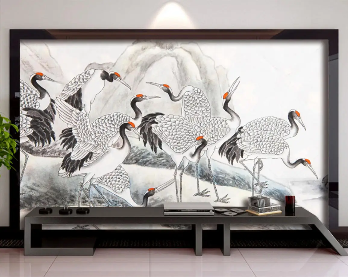 

Custom size mural vintage red-crowned crane hand-painted background walls mural home decoration hanging picture 3d wallpaper　