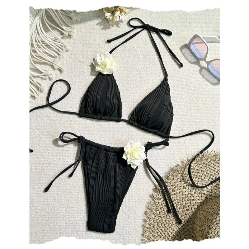 

2025 European and American New Swimsuit Women's Sexy Hanging Neck Solid Color Split Flower Bikini Women's Beach Swimsuit