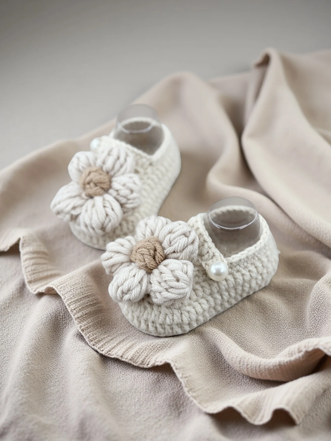 

1 Pair Handmade Crochet Baby Booties, Beige Infant Slippers with Flower and Pearl Detail, 0-12 Months