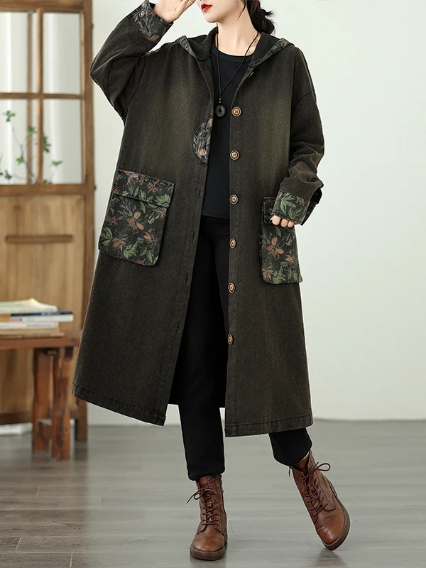 

SuperAen Loose Oversize V-neck Single-breasted Long Denim Trench Coats for Women Autumn 2025 New Print Pocket Coats