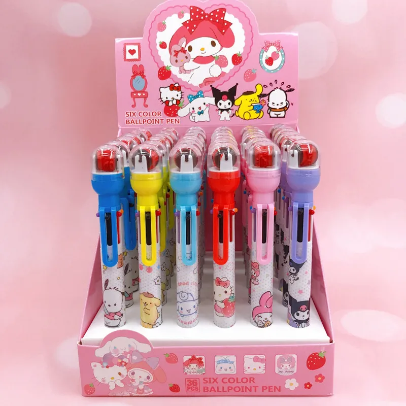 

36Pcs Kawaii Ballpoint Pen Sanrio Hellokittys Mymelody Kuromi Cute Anime Marker 6-Color with Roller Stamps Handwriting Girl Gift