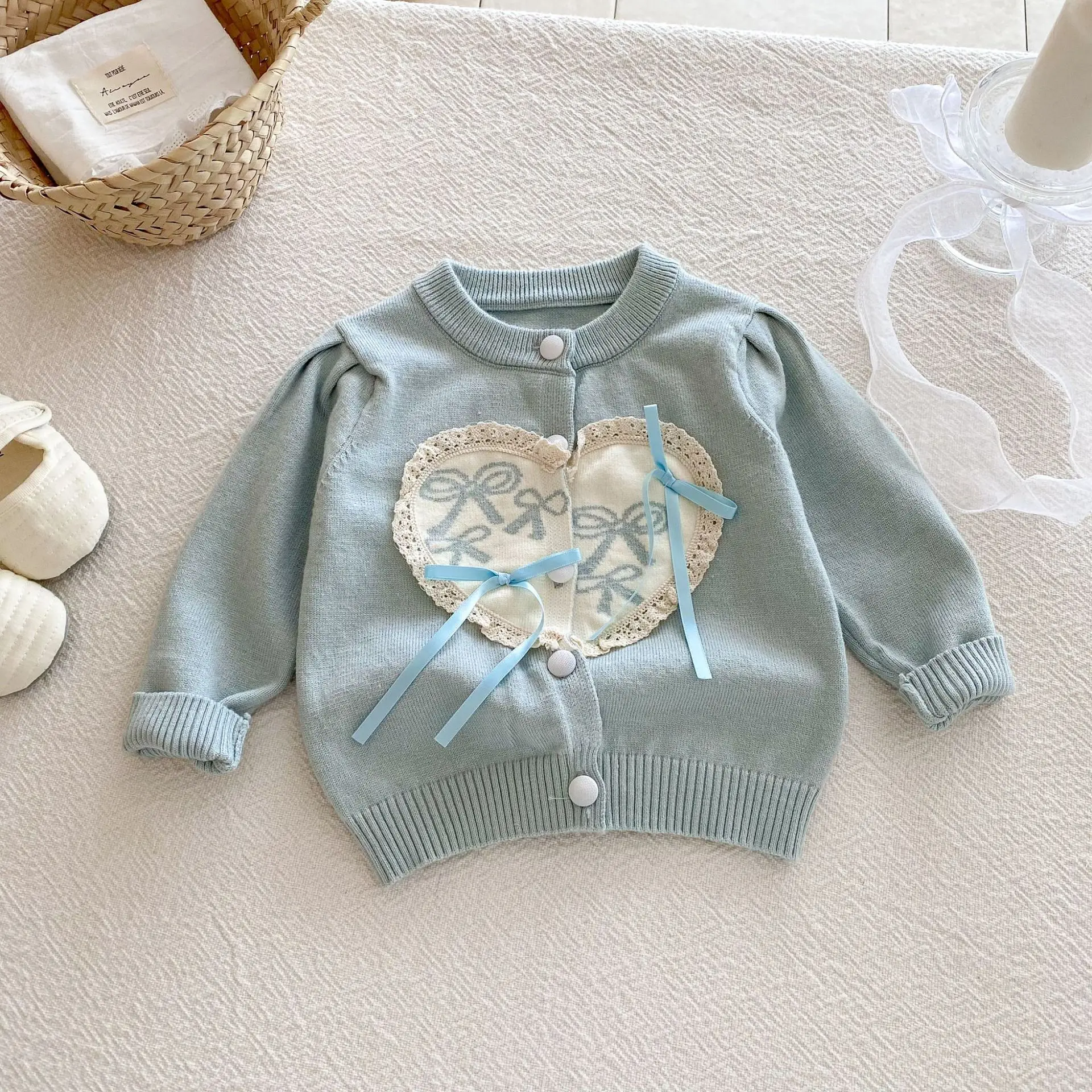

Baby Girl Knitted Sweater 2025 Autumn New Lace Love Bow Sweater Cardigan Soft Elastic 0-3Year Kid's Knitted Coat