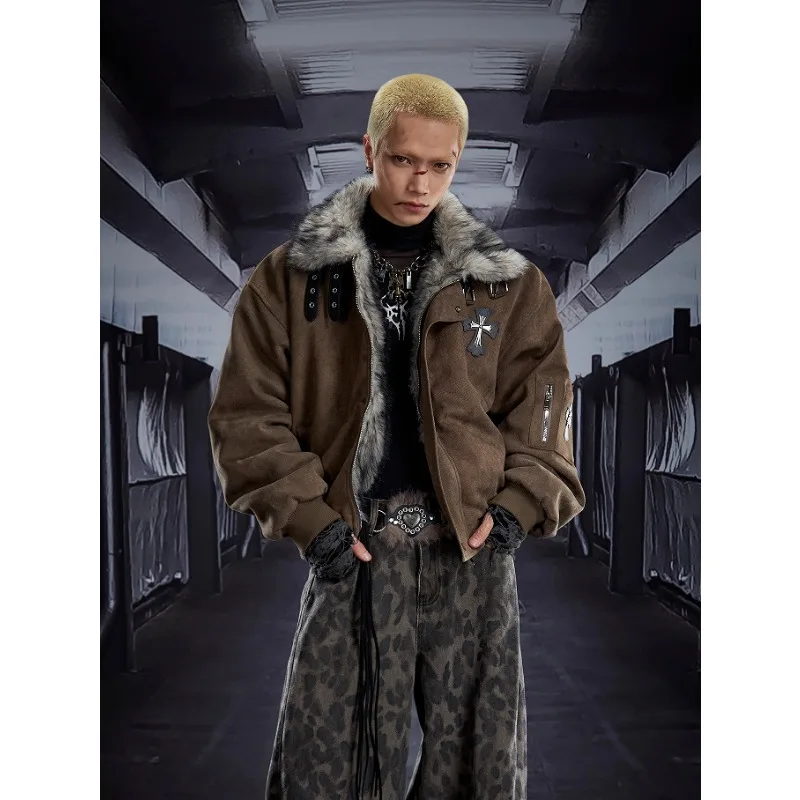 

Men's Winter Padded Jacket Fur Collar Thickened Warm Loose Vintage Coat High Street Style Cross Embroidery Parka Men Streetwear