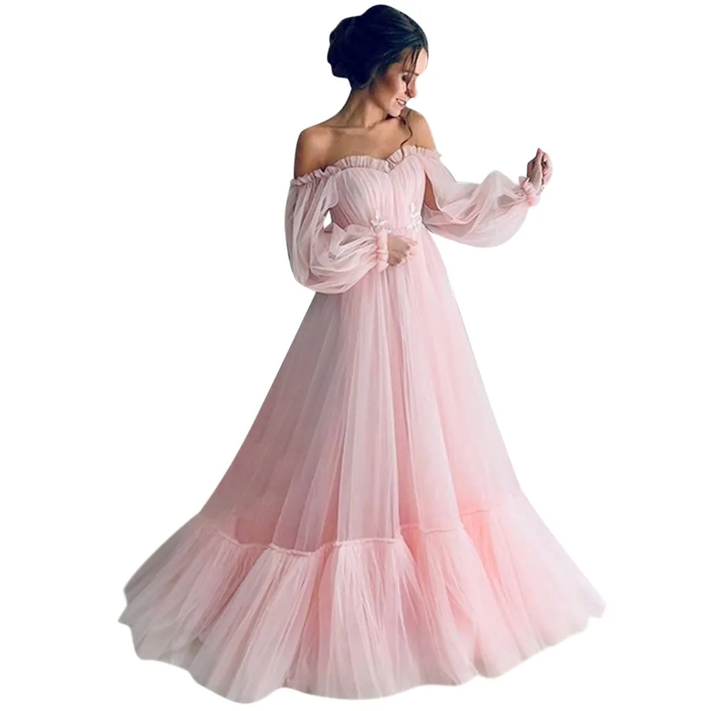 Retro Princess Dress Women Solid Color Long Sleeve Slash-Neck Fashion Tulle Long Full Dress Female Gauze Lantern Dress Prom Robe