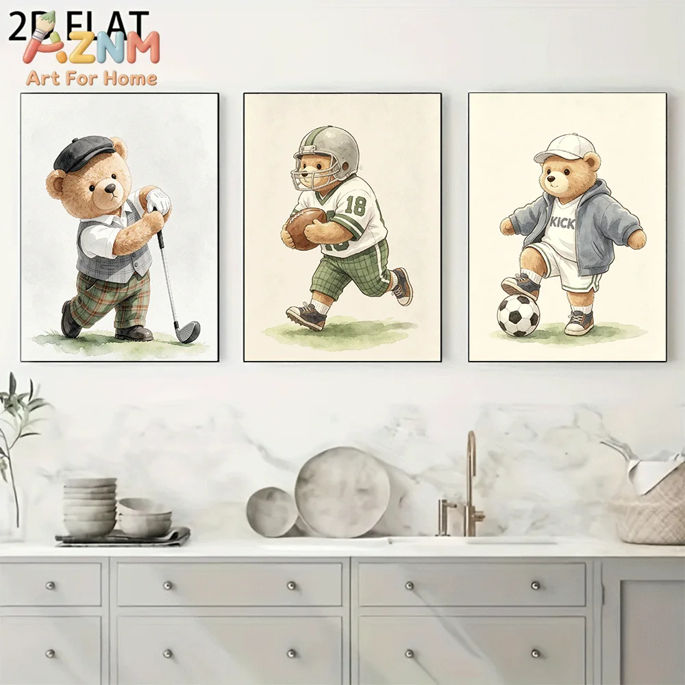 AZNM Frameless Canvas Wall Art, Watercolor Sport Teddy Bear Golf Football Soccer Print, Cute Animal Sports Themed Wall Decor for