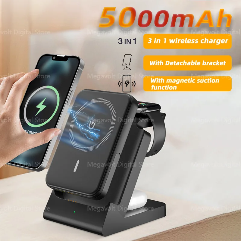 

Detachable 3-in-1 Portable Magnetic Wireless Power Bank With Stand Multi-functional Mobile Power Bank Suitable For Iphone Iwatch