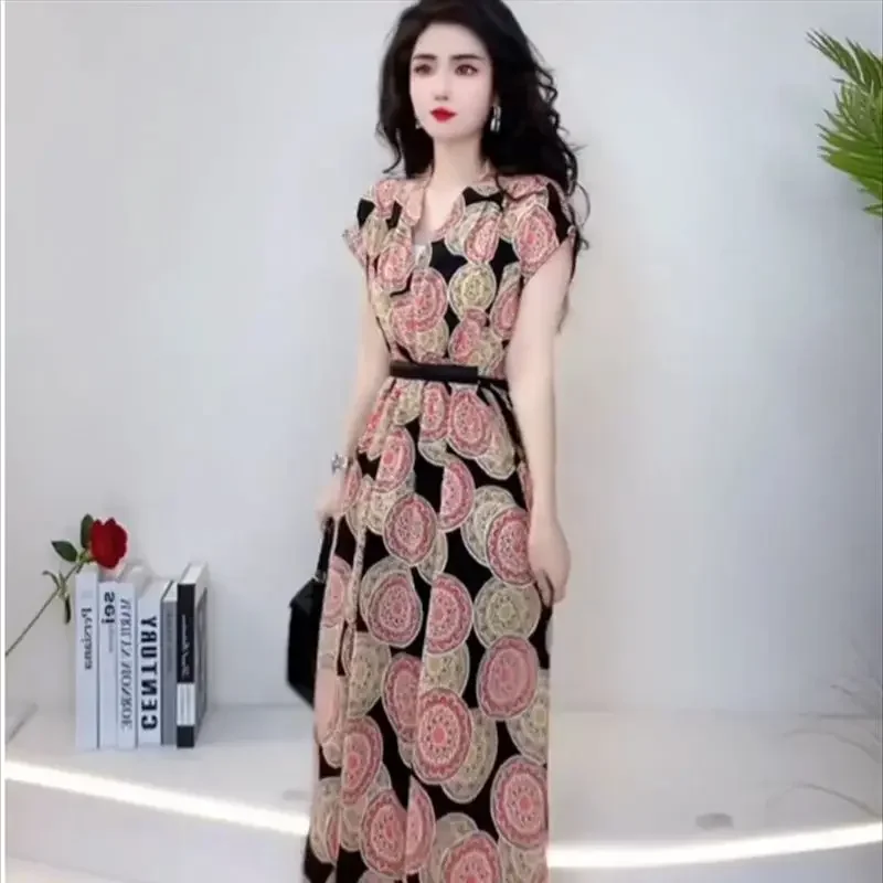 แฟชั่นดอกไม้พิมพ์ชุดยาวผู้หญิงลําลองหลวมชายหาดบางชุดเอวสูง LACE-Up เสื้อผ้าหญิง