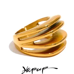 Yhpup 316l Stainless Steel Geometric Hollow Layered Wide Ring Charm Metal 18K Gold Plated Statement Women Jewelry Waterproof