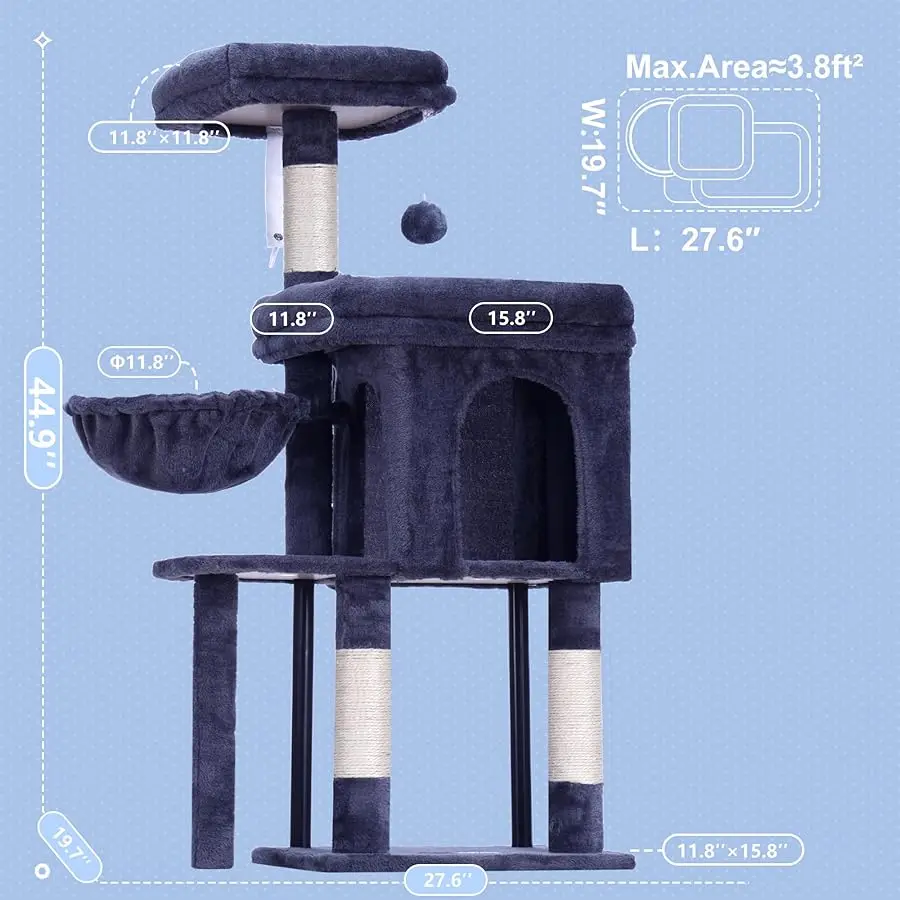 برج شجرة القطط من Hey-brother، أعمدة خدش مع شقة مريحة، سرير مبطن، أرجوحة، جثم قطيفة، عمود سيزال وكرة للداخلية #6