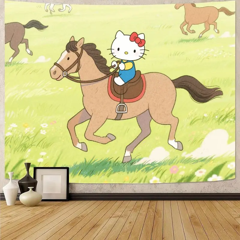 

1PC Hello Kitty Horse Riding Tapestry Kawaii Cartoon Wall Art Modern Polyester Living Room Bedroom Decor Gift for Girls