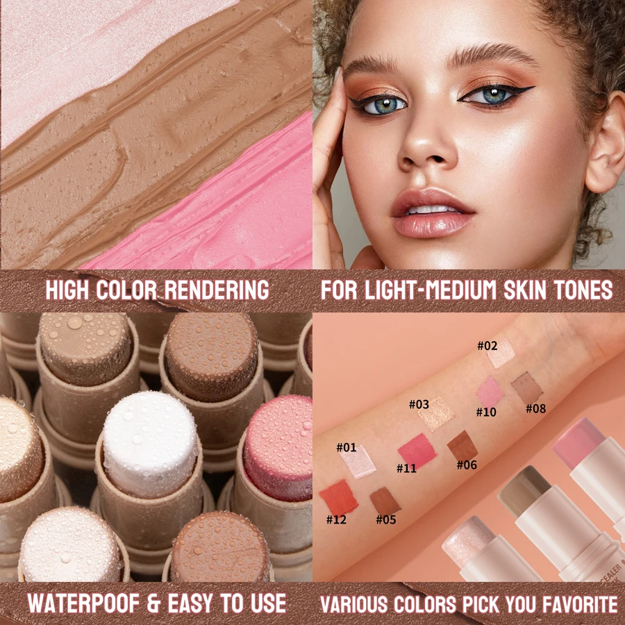 Bâton correcteur hydratant, 3 pièces, lisse et durable, ombre de nez 3D, imperméable, reflets du visage, poudre éclaircissante, fard à joues
