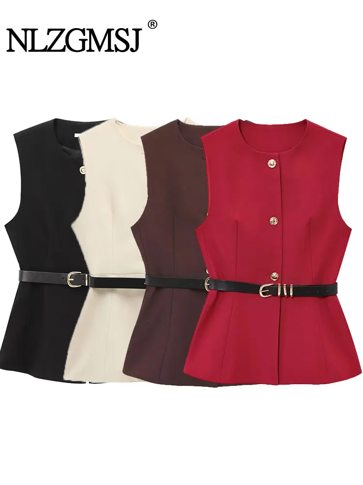 

2025 Spring Summer Casual Chic Women Tops Solid Single Breasted Sashes Sleeveless Vest Fashion Office Lady Tops