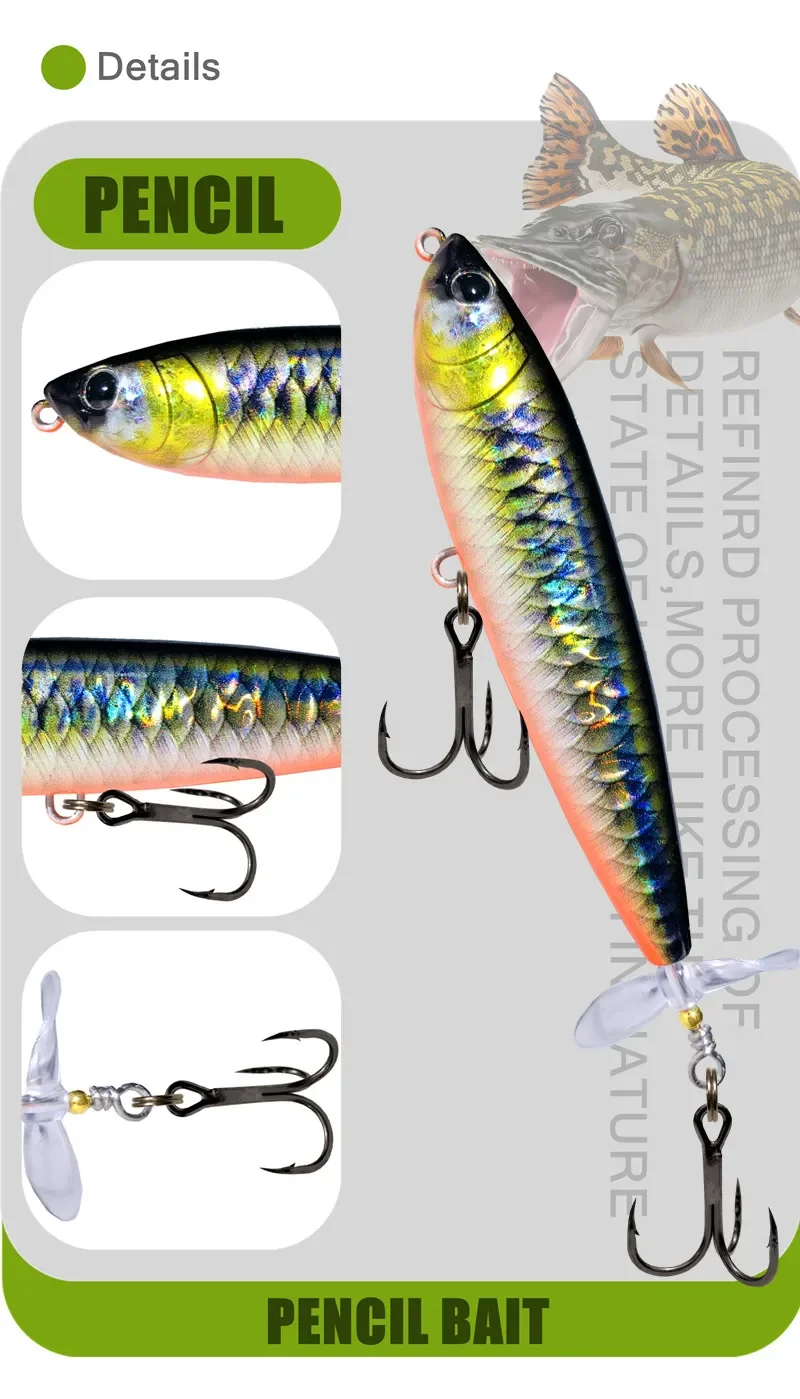 GREENSPIDE Propeller Bleistift Topwater Angeln Köder 95mm 12,5g Bass Fishing Tackle Angeln Zubehör Salzwasser Lockt Fisch Köder – Detail 2