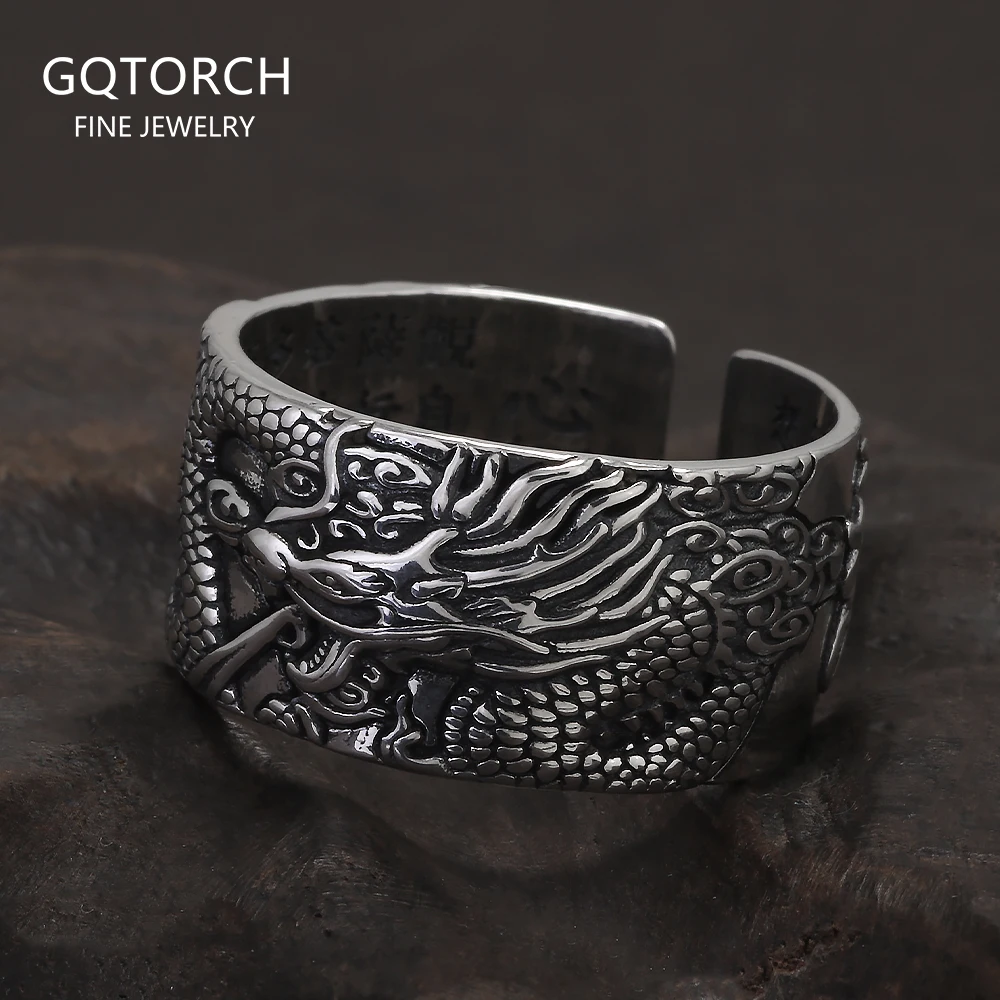 

925 Sterling Silver Dragon Heart Sutra Ring for Men Women Buddhist Opening Type Punk Retro Party Jewelry Accessories