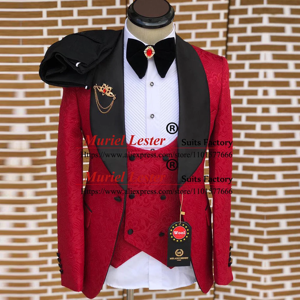 

Red Suits Men Slim Fit Formal Wedding Tuxedos Groomsman Black Lapel Jacquard Blazer Sets Tailored Made Male Fashion Clothing