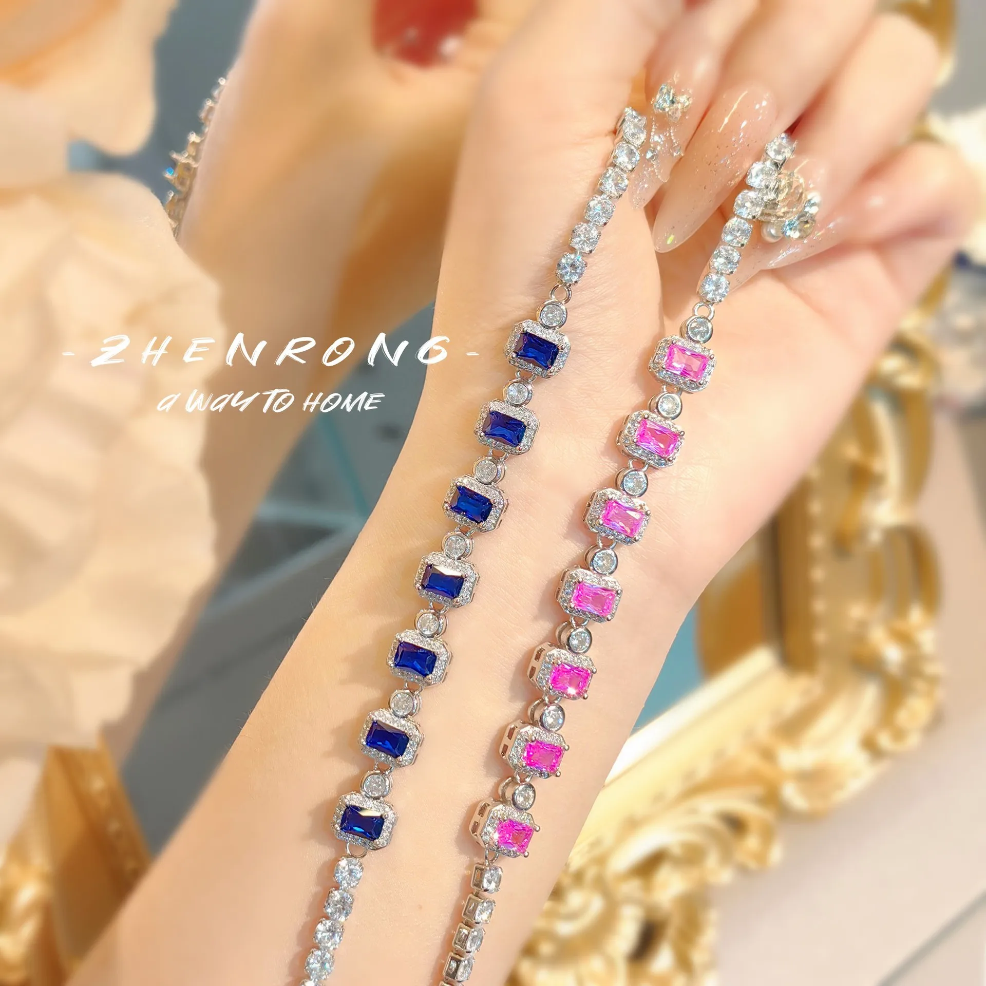 Foydjew Exquisite Luxury Pink/Blue Cobalt Spinel Crystal Bracelets Women's Fashion Silver Color Cahin Bracelet Hand Accessories