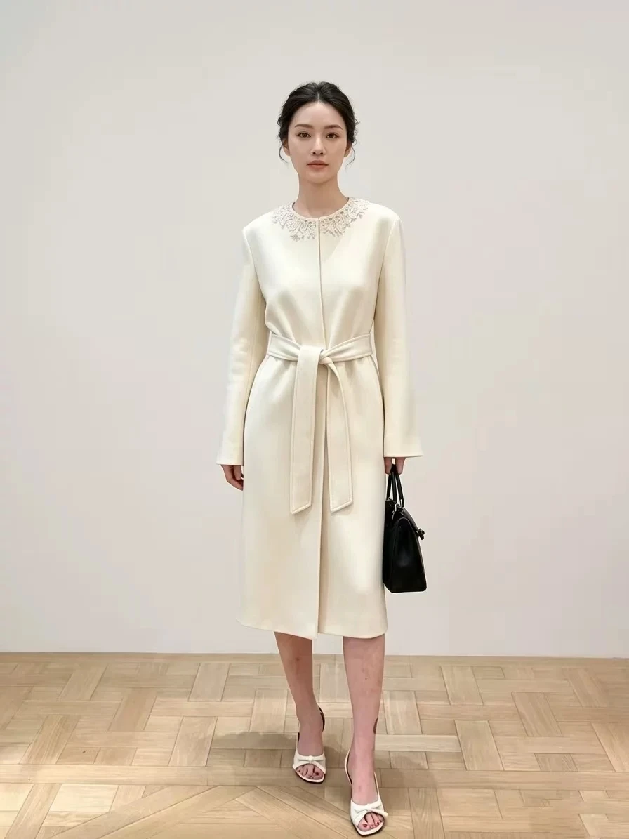 Luxury Beige Silk Wool Blend Midi Coat Hand Beaded Floral Embroidery Collar Fashion Belt Elegant Long Sleeve Formal Overcoat