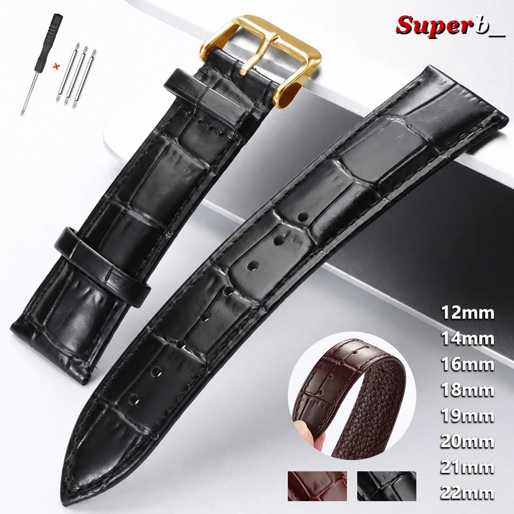 Litchi Pattern Calfskin Leather Watch Band for Men Women 12mm 14mm 16mm 18mm 19mm 20mm 21mm 22mm Watchbands Gold Pin Clasp Strap