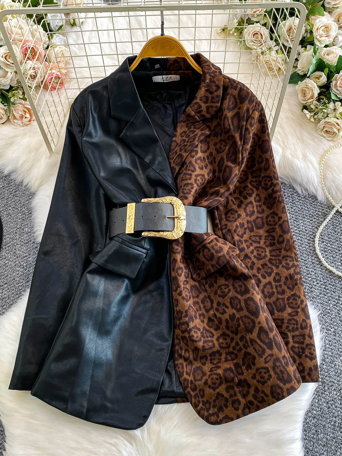 

Sli из лоскутной кожи с леопардовым принтом, женская зимняя утягивающая винтажная модная верхняя одежда с застежкой на талии